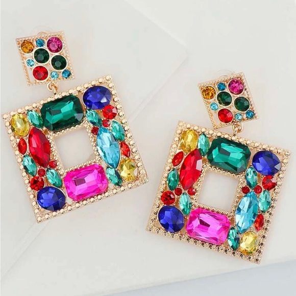 Multi-colored Rhinestone Square Drop Earrings - Picture 2 of 5